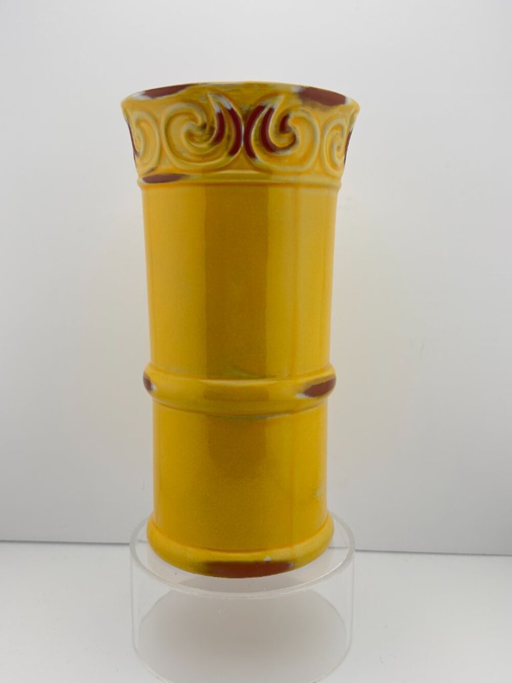 VINTAGE Yellow Ceramic Art Pottery Vase Bamboo Style Segmented Design 9-1/4"